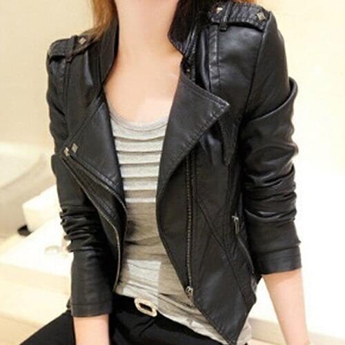 Women Fashion Faux Leather Jacket Turn -Down Collar Short Coat Slim Fit Top