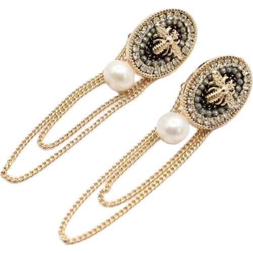 GuaiGuai Jewelry Natural White Pearl Dangle Golden Chain CZ Pave Insect Bee Oval Stud Earrings Handmade Vintage For Women