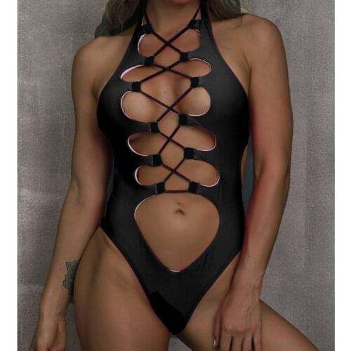 Ladies Swimsuit Sexy Tie Neck Backless Tube Top Strapless High Waist Bikini 2021 Hollow Sexy Women Bandage One Piece Swimsuit