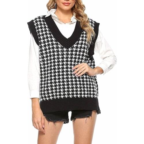 V Neck Knitted Sweater Vest Women Sleeveless Casual Black Pullover Vest Houndstooth Retro Vintage Fall Waistcoat Sweaters Female