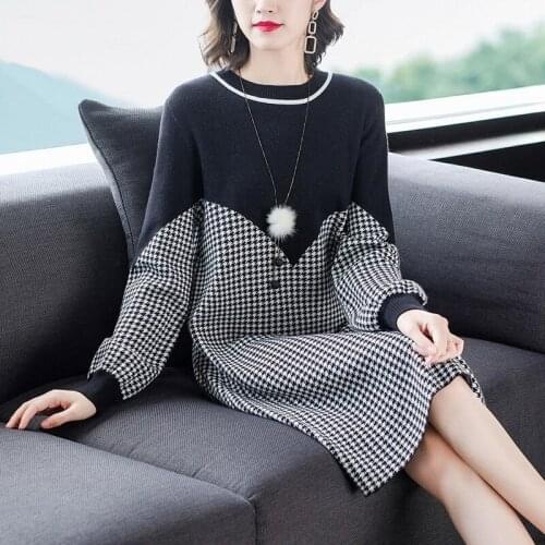 Womens Knit Sweater Autumn Winter Korean Fashion Sweater Dress Long Sleeve Loose Soft Pullover Sweater Dresses Plaid Vestidos