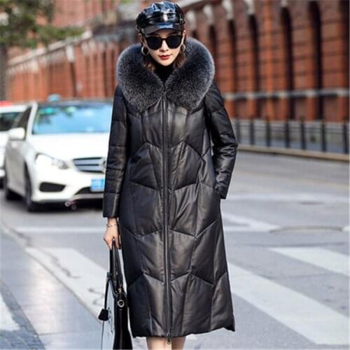 Sheepskin down female long section autumn winter new Korean leather hooded fox fur collar leather down Big size womens Coat