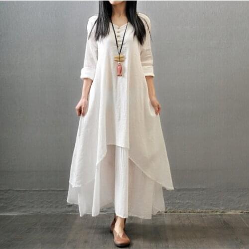 Cotton Linen Loose Long Dress Casual Elegant Plus Size Maxi Dresses 2021 Autumn False Two Pieces Button Short Sleeve Women Dress