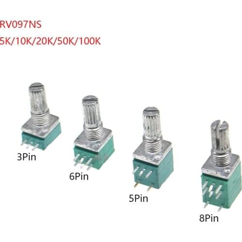 5pcs RV097 B10K B20K B50K B100K B500K RV097NS Audio Amplifier Sealed Linear Volume Potentiometer Resistor 15mm Shaft 3/5/6/8pin