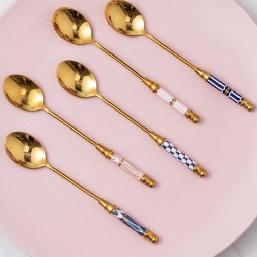 Stainless Steel Coffee Ceramic Long Handle Stirring Gold-Plated Dessert Spoon Kitchen Cutlery