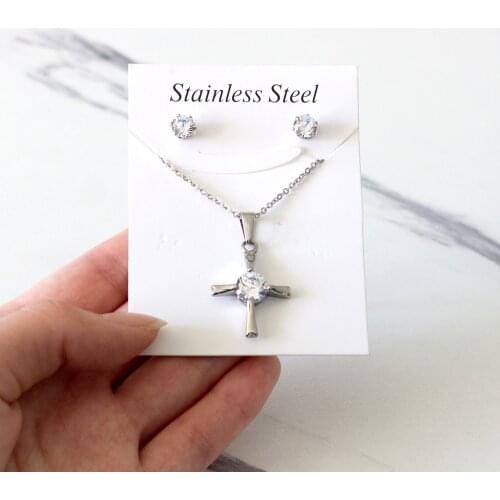 LUXUKISSKIDS Fashion Cross With Crystal Stainless Steel Pendant Necklaces Sets For Ladies Luxurious Wedding Jewelry Free Chain