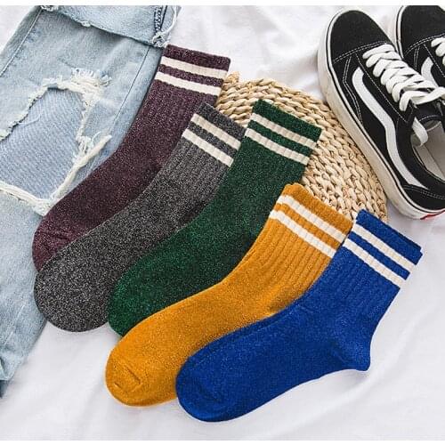 Fashion Shiny Glitter Striped Women Socks Trendy Rock Roll Sparkled Bright Color Cute Kawaii Winter Warm Socks Streetwear