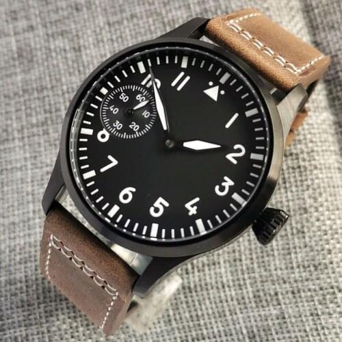 Mineral/Sapphire Glass Manual Mens Mechanical Watch Asia 6497 42mm Black Dial Bronze/Black Plated Leather Strap Hand Winding