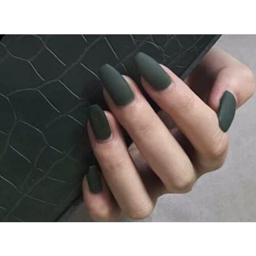 New vintage matte green pure color false nails Bride decorated full nail tips lady middle-long size ballet shape fake nails