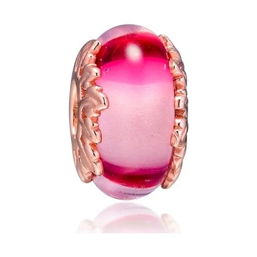 Pink Murano Glass & Leaves Charm Authentic 925 Silver Jewelry Fits Beads Bracelets & Necklaces DIY Fashion Female Jewelry Charm