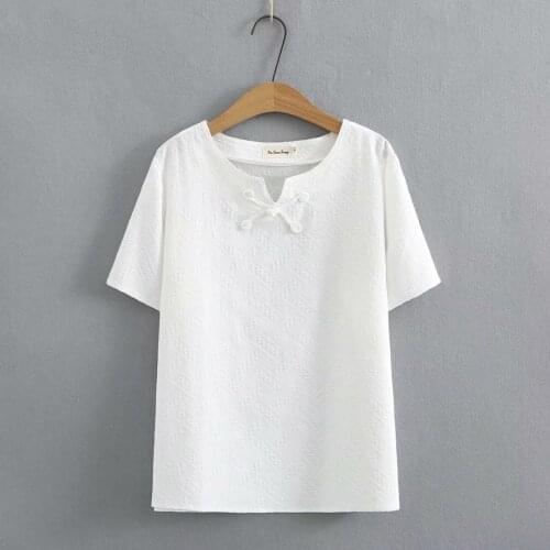 Plus size Cotton jacquard disc button short sleeves women tshirts 2021 new summer V-Neck ladies t shirts female tops t-shirts