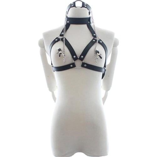 Sexy Womens Faux Leather Strap Belt Underwire Cupless Breast Harness Bra Vest Tank Top Adjustable Collar Fetish Lingerie Set