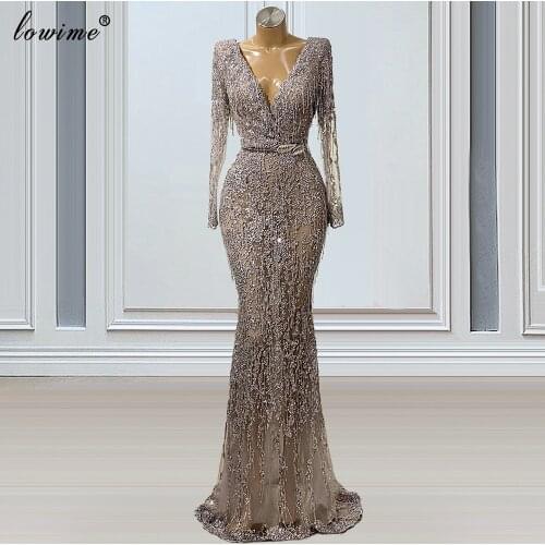 Gray Heavy Handmade Celebrity Dresses Mermaid Long Sleeves Beading Evening Dresses For Women Party Vintage Wedding Party Gowns