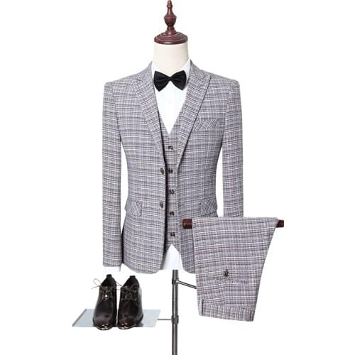 Grey Check Formal Mens Slim Fit Business Suits Wedding Tuxedos Suits for Men Bespoke 3 Pieces Traje Hombre Jacket Vest Pants