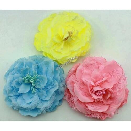 Random Color Fabric Large Laced Peony Flowers Head Peony Flowers White FLat Back Hair Accessories wholesale