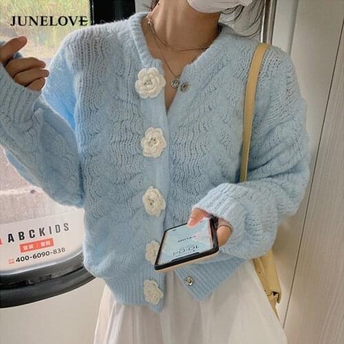 JuneLove Sweater Female Spring Autumn Cardigns Vintage 2021 New Stereo Flower Sweet Long Sleeve Knitted Shag Line Loose Outwears