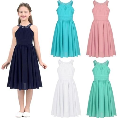 TiaoBug Summer Kids Girls Sleeveless Flower Shaped Crystals Halter Neck Chiffon Dress For Birthday Party Wedding