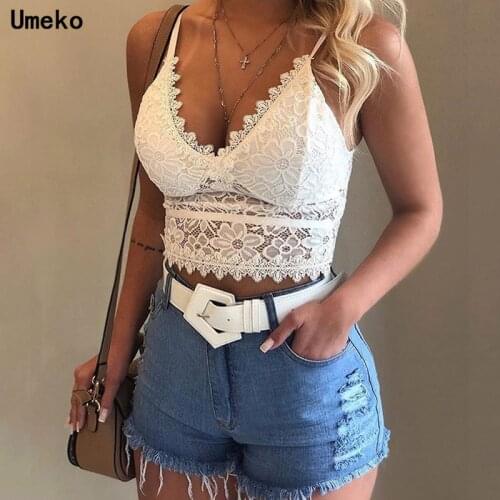 Umeko New Summer Sexy Fashion Halter Women Corp Tops Lace Perspective Shirts Hollow Out Vetement Femme Top for Woman Clothes