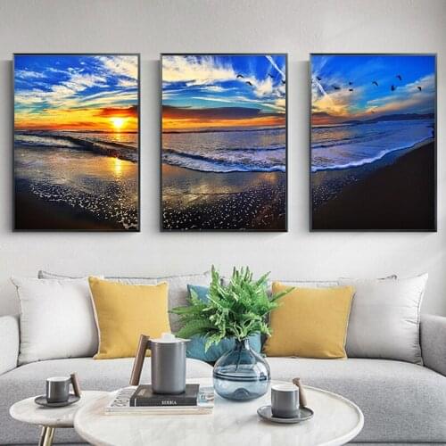 Sunset Landscape Blue Sea Sky Nordic Landscape Canvas Painting Free Seagull Waves Beach Art Poster Living Room Decor Seabirds