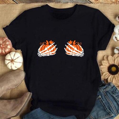 Women Graphic Thanksgiving Fall Tee Top Colored Pumpkin Boobies T-shirt Aesthetic Skeleton Halloween Party Tshirt Spooky