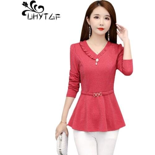 UHYTGF t shirt for women soft Comfortable elegant mother spring autumn T-shirt female V neck ruffles harajuku plus size tops1521