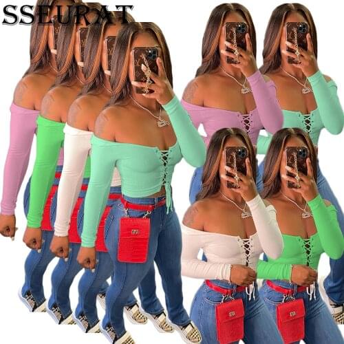 SSEURAT Women Solid Long Sleeve Off Shoulder Lace Up Crop Top Shirt