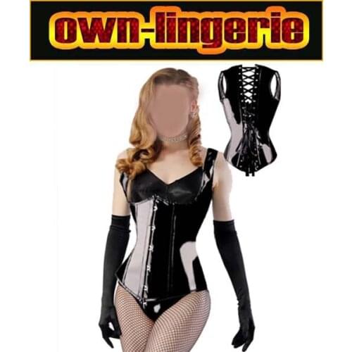 Female sheer leather body shaper eye hooks back lace up vest, night club sexy black pvc corset top w3349