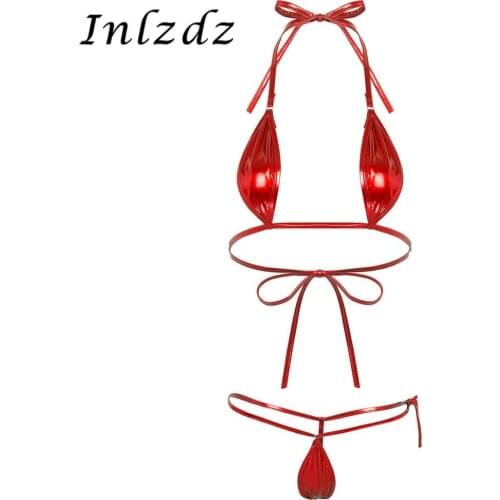 Womens Mini Micro Bikini Sex Lingerie Suit Shiny Metallic Spaghetti Straps Hot Sexy Monokini Exotic Set Mini Trikini Nightwear