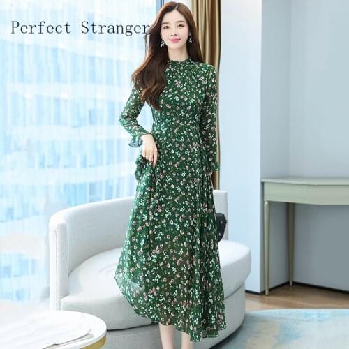 2021 Autumn New Arrival Stand Collar Floral Printed Collect Waist Long Sleeve Chiffon Women Long Dress High Quality
