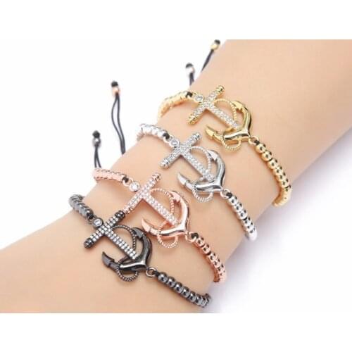 Gold silver micro pave cz Cubic Zirconia rope adjusted Copper Beads Bracelet ct24 anchor Charm Braided Bangles Women