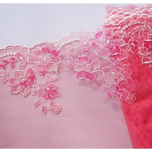 1Meter 21.5CM Wide Flowers Embroidered Lace Trim Dark Pink Mesh Fabric For Bra Lingerie Underwear Handmade Dolls Dress Decor