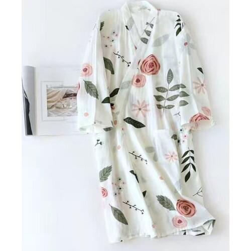 100% Cotton Kimono Night Gowns Womens Sleepwear Sexy Flower Belt Full Sleeve Robe Sweet Female Homewear Set Big Size