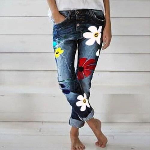 2021 Fashion Women Floral Printed Button Denim Pant High Waist Jeans Trouser Pocket Pant Fit Straight Leg Lady Pant Casual Jeans