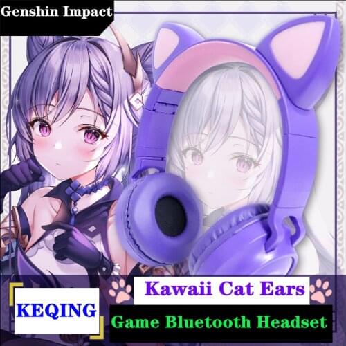 Anime Bluetooth Headset Game Genshin Impact Cosplay Keqing Cat Ear Headdress Kawaii Purple Girl Couple Gift Project Equipment