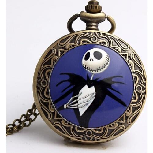 Vintage Bronze Jack Nightmare Before Christmas Skull Skeleton Quartz Pocket Watch Necklace Chain Halloween Men Women Watch Gifts