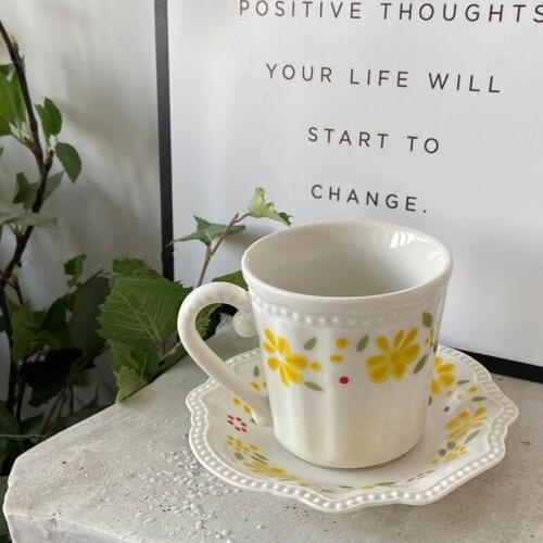 Cutelife Nordic Carved Flower Ceramic Cup Saucer Reusable Drinking Tea Milk Coffee Cup Set Home Decorative Vintage Breakfast Cup