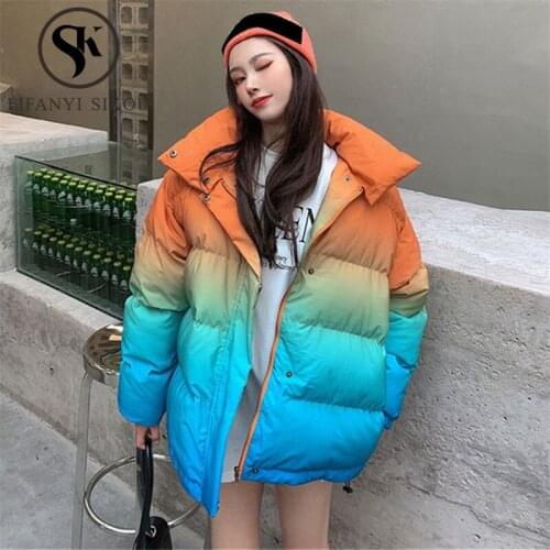 Gradient Color Fashion Down Jacket Women Thick Warm Parka Winter Jacket Streetwear Loose High Quality Down Cotton Coat Female