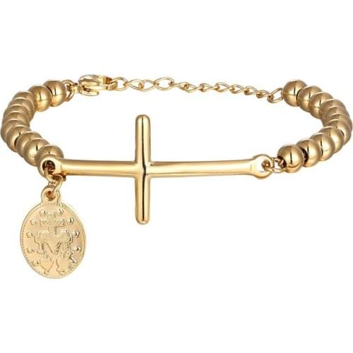 Classic Beads And Cross Hanging Charm Bracelet & Bangle Stainless Steel Gold Color Jewellry Woman Bracelet Wholesale