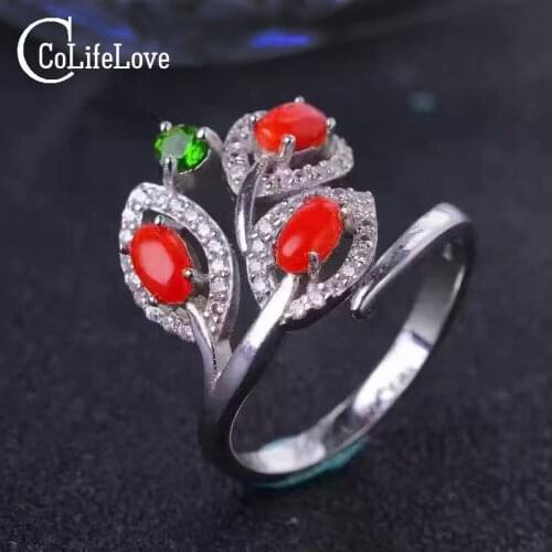 Hotsale solid 925 silver ring adjustable size 3pcs 3*5mm natural red coral ring for woman fashion precious coral silver jewelry