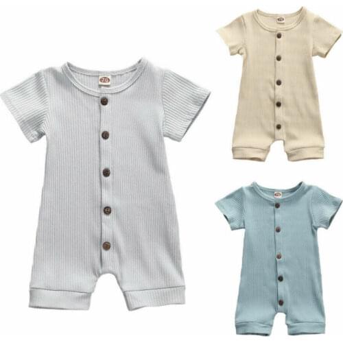 0-18M Newborn Baby Girl Boy Romper Clothes Solid Short Sleeve Button Jumpsuit Outfit
