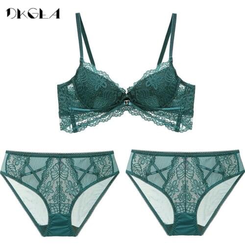 Thick Cotton Cup Lace Underwear Women Embroidery Green 1 Bra+2 Panties Sexy Bra Set Push Up Lingerie For Ladies Brassiere Brand