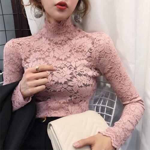 Hollow Turtleneck Slim Fit Slimming Long Sleeves T Shirt Womens 2021 New Lace Bottoming Shirt Chic Style Sexy Fashion All Match
