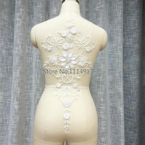 Large 3D Beaded Wedding Dress Lace Applique Flower Fabric Patch Handmade DIY Bridal Headdress Lace Collar 1Piece