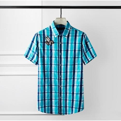 Minglu Mens Shirts Luxury Blue Plaid Short Sleeve Men Shirt Embroidery Badge Casual Shirts Plus Size 4xl Slim Fit Shirts Man