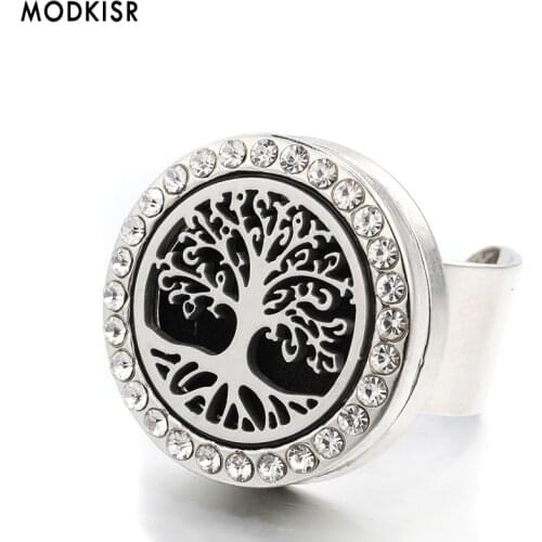 MODKISR Wholesale Stainless Steel Tree Of Life 25mm Trendy Aromatherapy Essential Oil Diffuser Women Rings Jewelry Female Ring