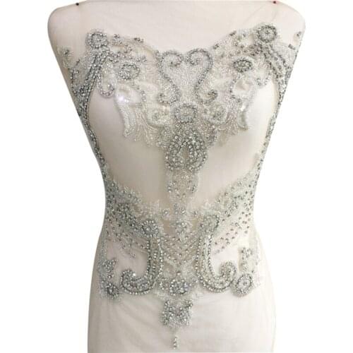 New Pure Hand Made Sew on Rhinestones Sequins Applique Silver Crystals Patches for Wedding dress Accessory WDP-084