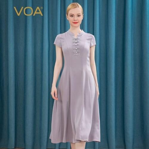 VOA 36m/m Heavy Silk Pearl Buckle Nine Open Short-Sleeved Micro-Elastic Slim-Fit National Style A8721 Cheongsam Dress