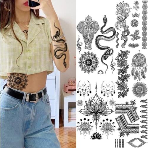 Realistic Snake Elephant Mandala Temporary Tattoos For Women Adult Lace Lotus Henna Fake Tattoo Realistic Body Art Tatoos Paper