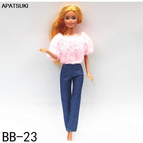 Pink Fashion Doll Clothes For Barbie Doll Outfits Fur Top Shirt & Denim Pants Trousers 1/6 Dolls Accessories Toys For Children