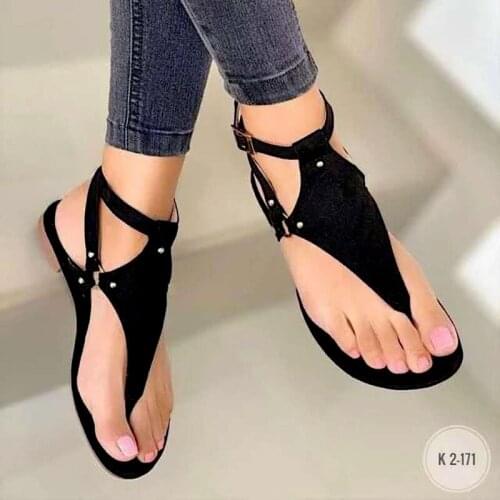 Summer Womens Large Size Casual Flat Beach Sandals Solid Color Artificial Leather Flip-flops Hollow T-strap Womens Shoes